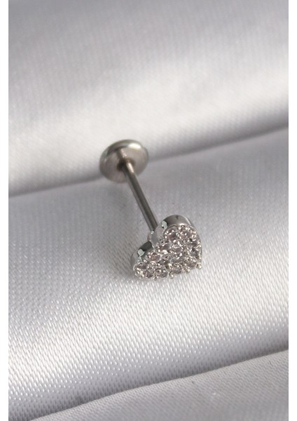 316L Çelik Gümüş Renk Zirkon Taşlı Kalp Model Tragus Piercing -