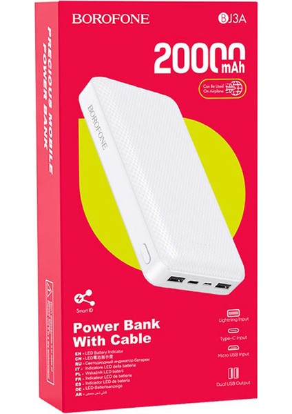 20000MAH 74WH, Dual USB Output, Usb-C Input ve Micro USB Input Güç Bankası Powerbank iPhone ile Uyumlu Şarj Seviyesi LED Gösterli Kompak ve Modern Tasarım BJ3A