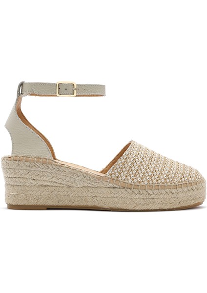Kadın Bej Bilekten Tokalı Dolgu Topuklu Hasır Deri Espadril Sandalet 25SFD4574M7