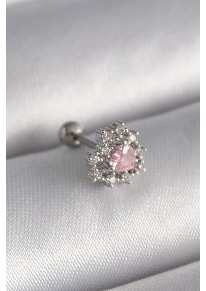 316L Çelik Gümüş Renk Zirkon Taşlı Kalp Tragus Piercing -