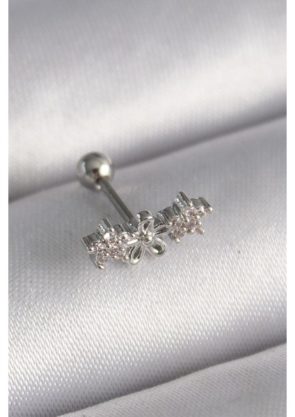 316L Çelik Gümüş Renk Zirkon Taşlı Çiçek Tragus Piercing -