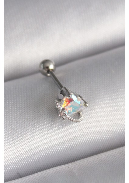 316L Çelik Gümüş Renk Zirkon Taşlı Kalp Tragus Piercing -