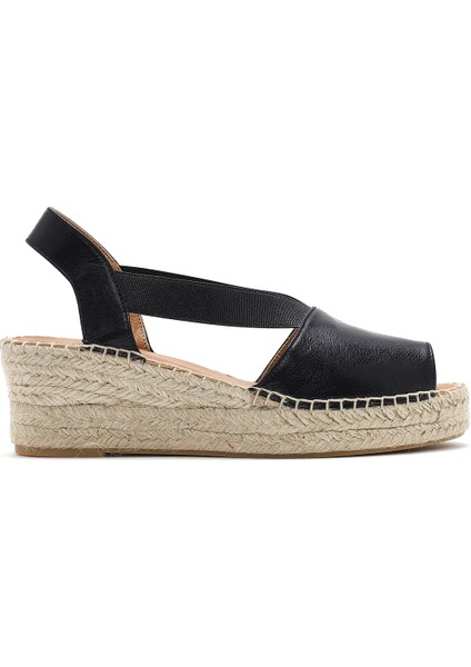 Kadın Siyah Dolgu Topuklu Deri Espadril Sandalet 25SFD457732