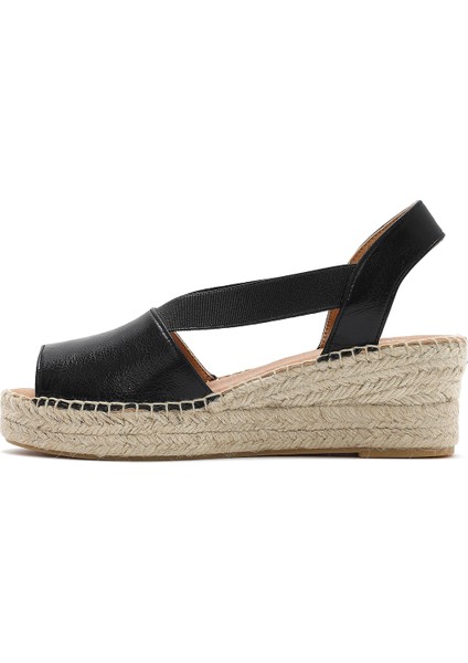Kadın Siyah Dolgu Topuklu Deri Espadril Sandalet 25SFD457732