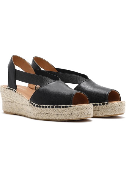 Kadın Siyah Dolgu Topuklu Deri Espadril Sandalet 25SFD457732