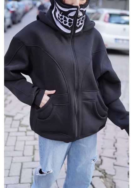 Samuray Kapşonlu Zıp Fermuarlı Çift Kapşonlu Nakışlı Sweatshirt- Siyah