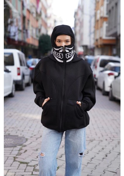 Samuray Kapşonlu Zıp Fermuarlı Çift Kapşonlu Nakışlı Sweatshirt- Siyah