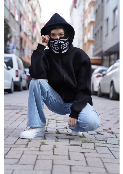 Samuray Kapşonlu Zıp Fermuarlı Çift Kapşonlu Nakışlı Sweatshirt- Siyah