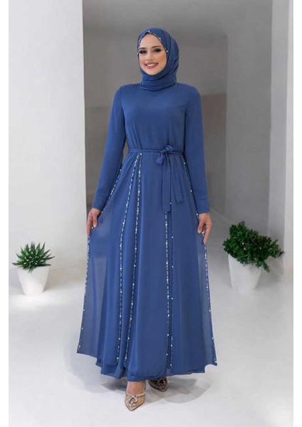 Taş Detaylı Şallı Elbise Takım 3953 Indigo