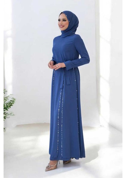 Taş Detaylı Şallı Elbise Takım 3953 Indigo modelleri