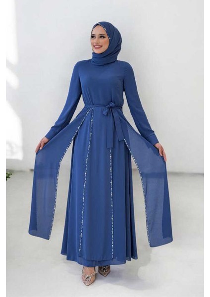Taş Detaylı Şallı Elbise Takım 3953 Indigo fırsatları
