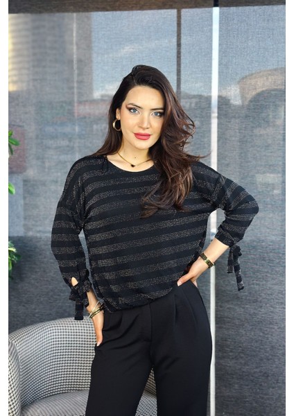 Kadın Siyah Taşlı/parlak/ışıltılı Şeritli Uzun Kollu Bluz - Özel Tasarım