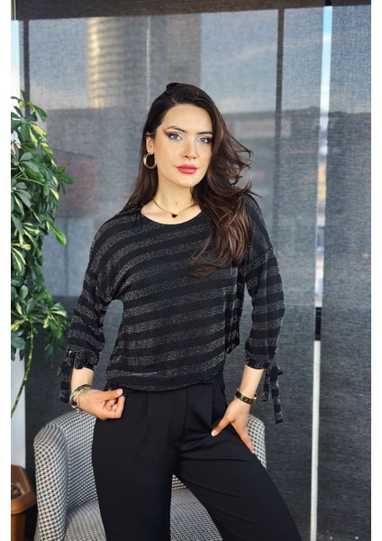 Kadın Siyah Taşlı/parlak/ışıltılı Şeritli Uzun Kollu Bluz - Özel Tasarım fiyatları