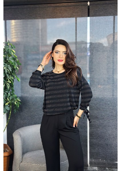 Kadın Siyah Taşlı/parlak/ışıltılı Şeritli Uzun Kollu Bluz - Özel Tasarım modelleri