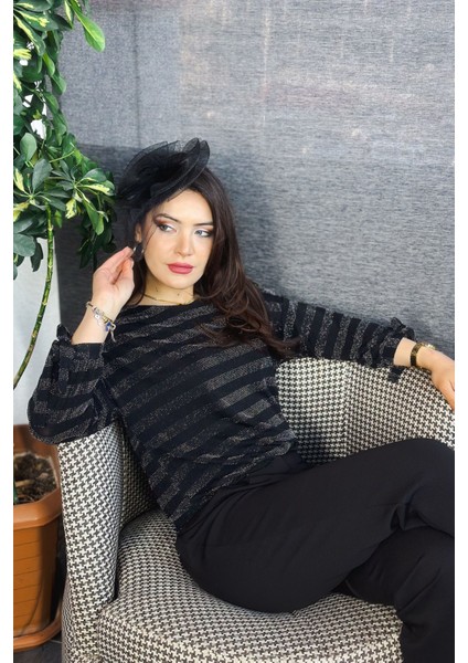 Kadın Siyah Taşlı/parlak/ışıltılı Şeritli Uzun Kollu Bluz - Özel Tasarım fırsatları