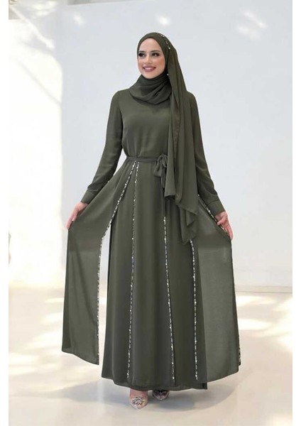 Taş Detaylı Şallı Elbise Takım 3953 Haki