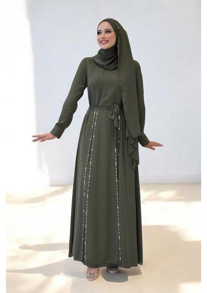 Taş Detaylı Şallı Elbise Takım 3953 Haki modelleri