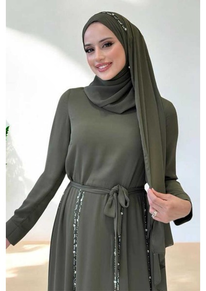 Taş Detaylı Şallı Elbise Takım 3953 Haki fırsatları