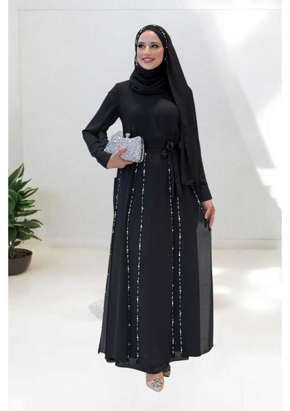 Taş Detaylı Şallı Elbise Takım 3953 Siyah