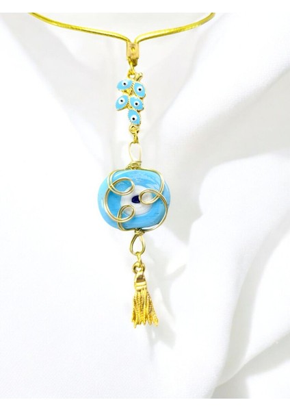 Mavi Salkım Nazar Detaylı Sarma Dana Gözlü Araba Dikiz Ayna Süsü/ Püsküllü Araba Hediyesi