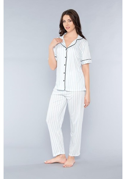 Boydan Düğmeli Kısa Kol Çizgili Pijama Takımı Mevsimlik Viskon Aperi 780-37