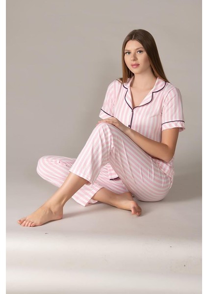 Boydan Düğmeli Kısa Kol Çizgili Pijama Takımı Mevsimlik Viskon Aperi 780-37 fırsatları