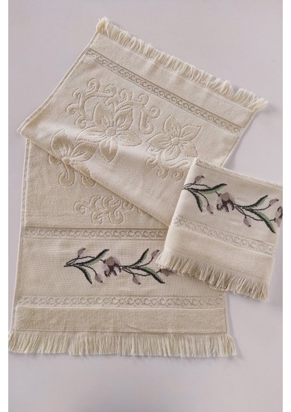 Etamin Nakışlı Jakarlı Kadife El Yüz Havlusu - 50x90 cm- Kapuçino