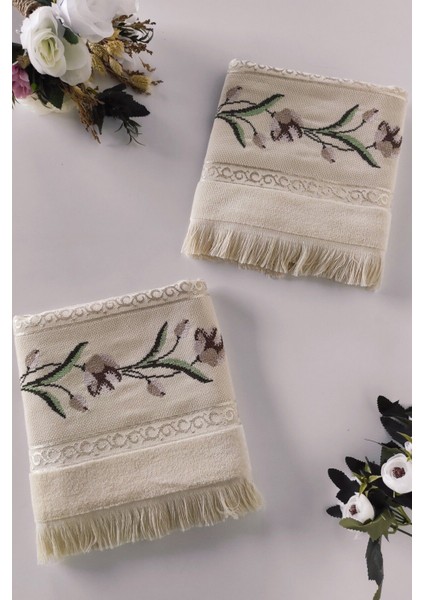 Etamin Nakışlı Jakarlı Kadife El Yüz Havlusu - 50x90 cm- Kapuçino