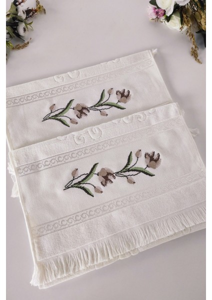 Gül Nakışlı Jakarlı Kadife El Yüz Havlusu - 50x90 cm-Gri indirimleri