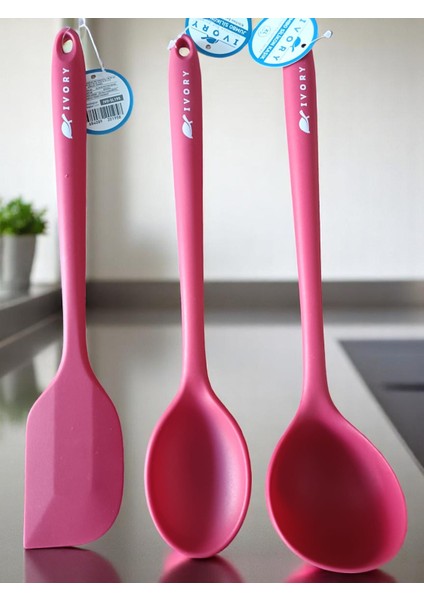 Silikon 3'lü Takım Büyük Boy Fuşya Renk Kepçe Spatula ve Kaşık 35 cm