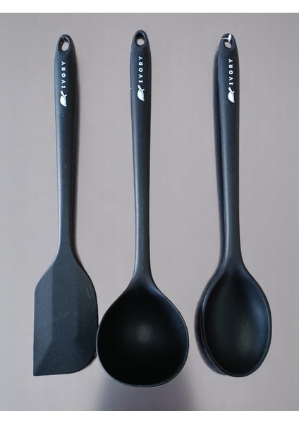 Silikon 3'lü Takım Büyük Boy Siyah Renk Kepçe Spatula ve Kaşık 35 cm