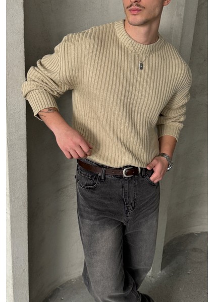 Erkek Fitilli Örme Oversize Kazak