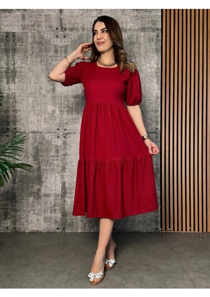 Kadın Kısa Kollu Yakası Açık Katlı Bürümcük Balon Elbise