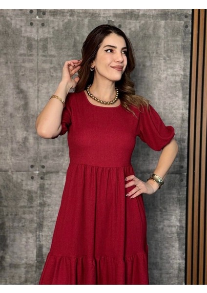 Kadın Kısa Kollu Yakası Açık Katlı Bürümcük Balon Elbise modelleri