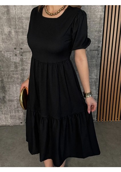 Kadın Kısa Kollu Yakası Açık Katlı Bürümcük Balon Elbise fiyatları