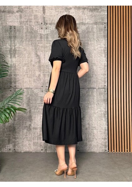 Kadın Kısa Kollu Yakası Açık Katlı Bürümcük Balon Elbise modelleri