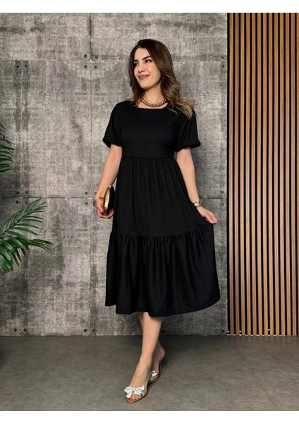 Kadın Kısa Kollu Yakası Açık Katlı Bürümcük Balon Elbise fırsatları