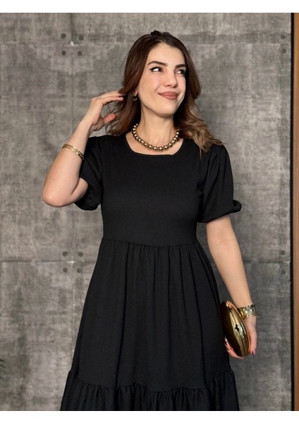 Kadın Kısa Kollu Yakası Açık Katlı Bürümcük Balon Elbise indirimleri