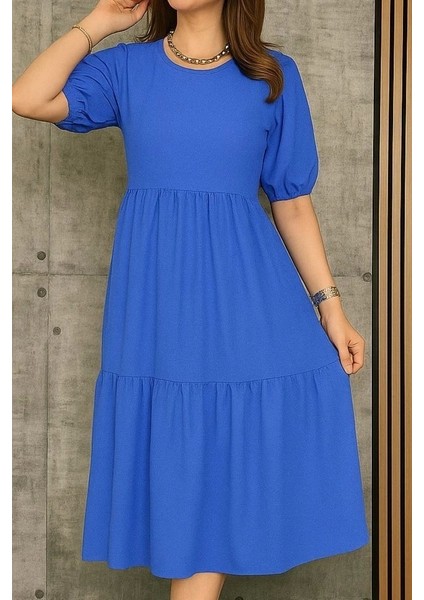 Kadın Kısa Kollu Yakası Açık Katlı Bürümcük Balon Elbise modelleri