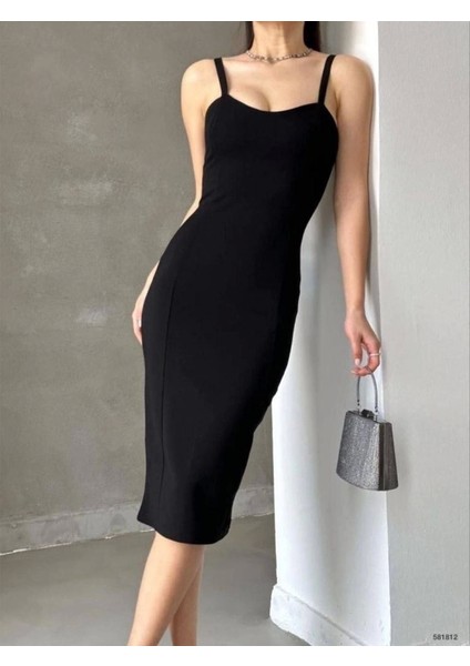 Kadın Dalgıç Krep Kumaş Askılı Midi Boy Elbise