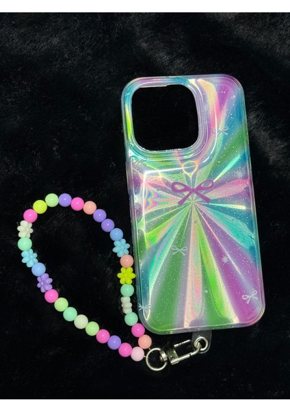 Apple iPhone 11 Pro - Pastel Renkli Boncuk Askılı Holografik Parlak Kurdele Desenli Telefon Kılıfı