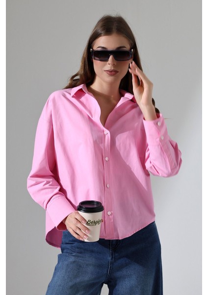 Kadın Gömlek Toz Şeker Pembe Oversize Rahat Kesim Poplin Kumaş Gomlek