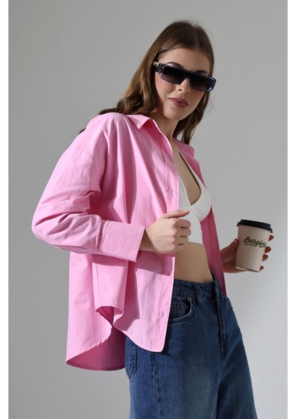 Kadın Gömlek Toz Şeker Pembe Oversize Rahat Kesim Poplin Kumaş Gomlek