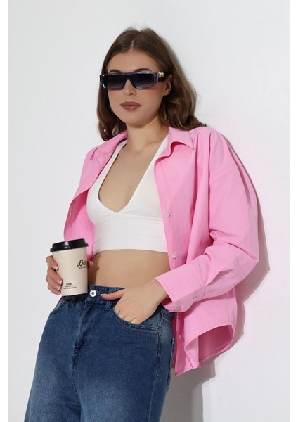Kadın Gömlek Toz Şeker Pembe Oversize Rahat Kesim Poplin Kumaş Gomlek