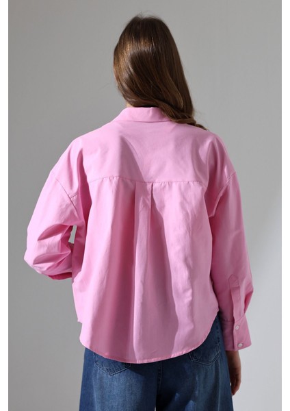 Kadın Gömlek Toz Şeker Pembe Oversize Rahat Kesim Poplin Kumaş Gomlek