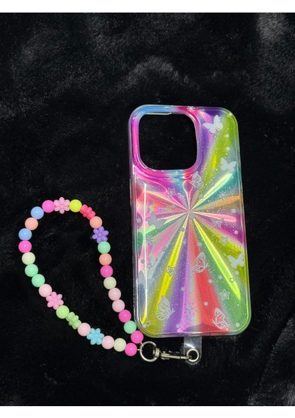Apple iPhone 16 Pro Max - Renkli Holografik Boncuk Askılı Kelebek ve Yıldız Desenli Telefon Kılıfı fiyatları