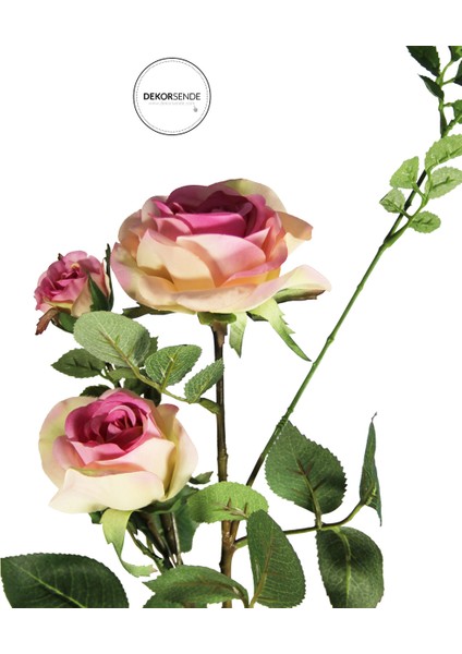 Yapay 3'lü Açmış Gül Dalı Pembe 65 cm