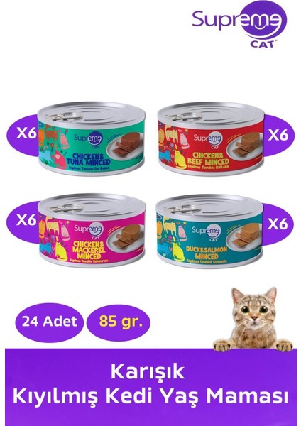 Kıyılmış Karışık 85 gr 6 x 4 Çeşit Toplam 24 Adet Kedi Konserve Maması
