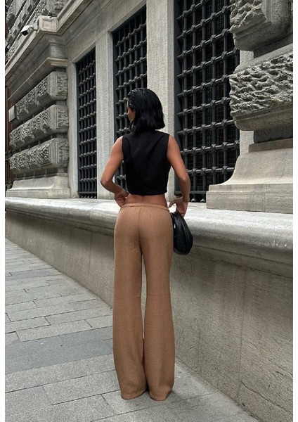 Açık Kahve Kadın Bel Lastik Detaylı Ince Dökümlü Baggy Keten Pantolon EMİLY-3015 indirimleri