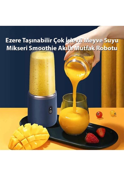Taşınabilir Çok Işlevli Meyve Suyu Mikseri ve Kahve Köpürtücü Smoothie Akıllı Mutfak Robotu Mavi